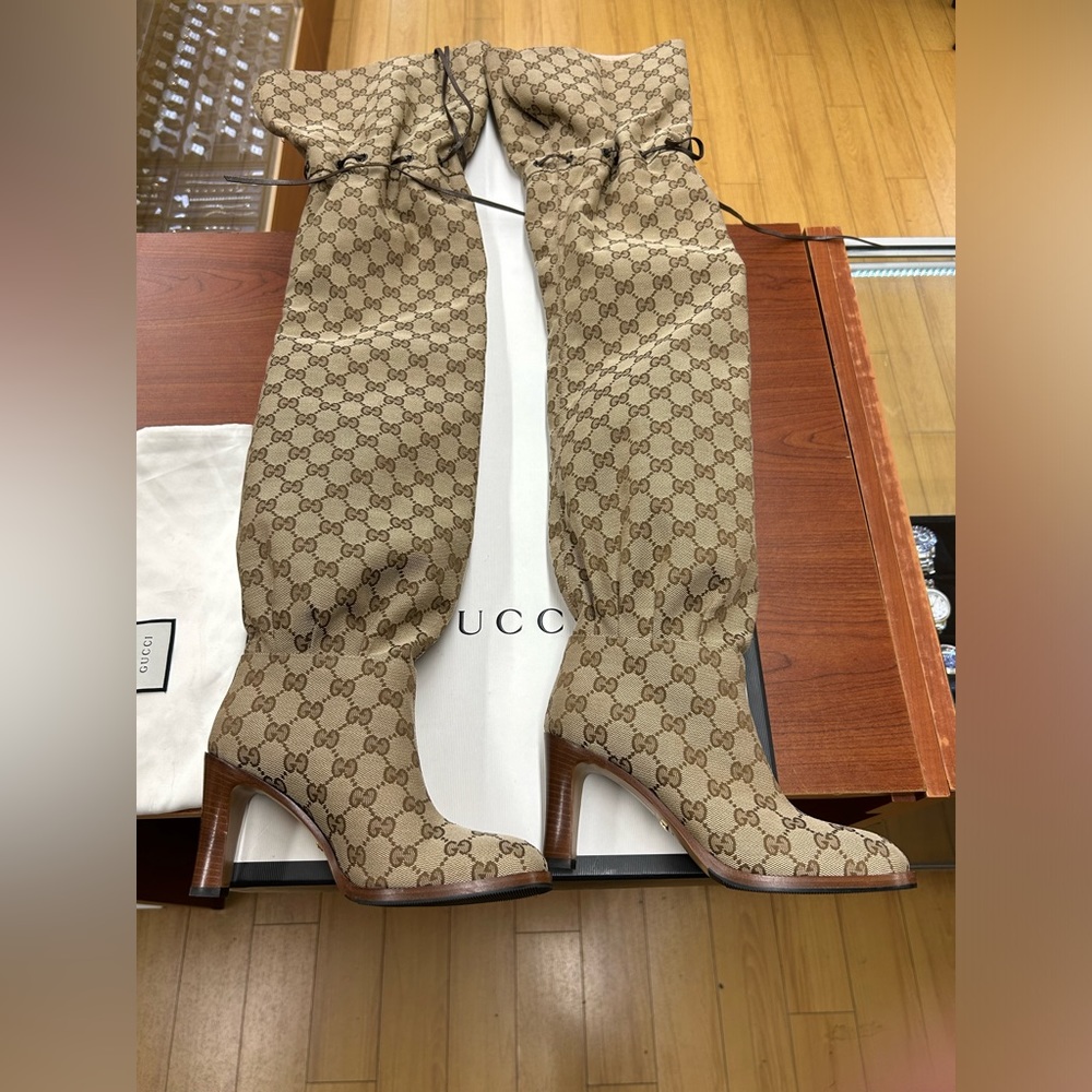 GUCCI Monogram Over the Knee Boots 35 Beige Ebony Excellent Condition